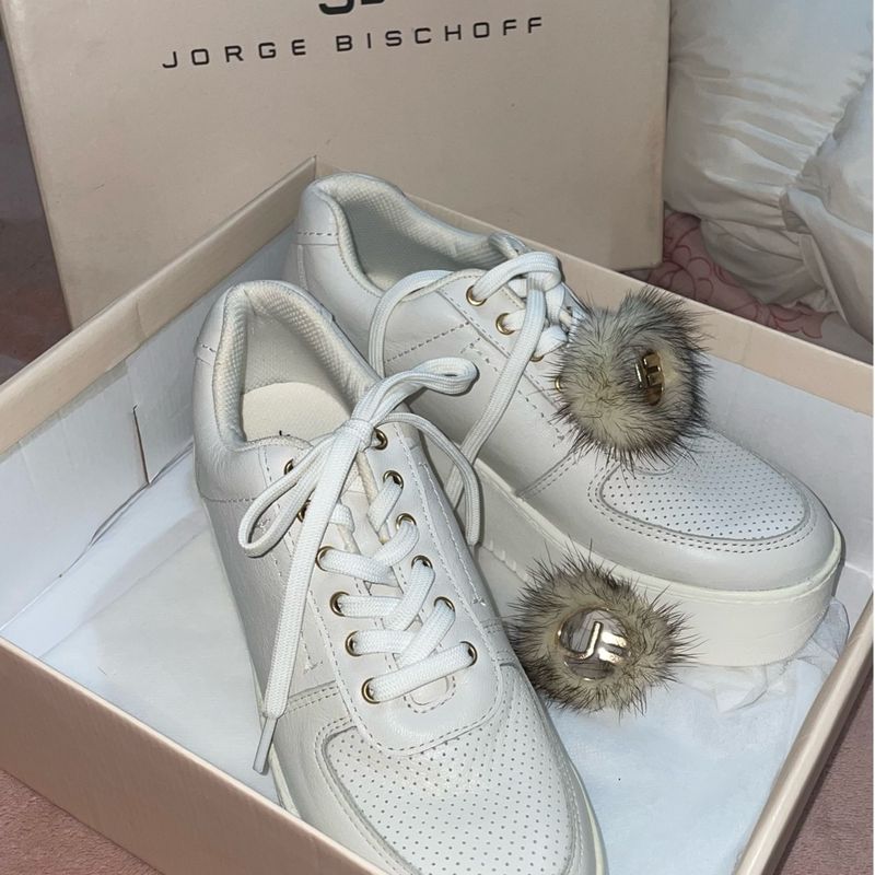 Tênis Flatform Couro Jorge Bischoff Pompom Branco Jorge Bischoff