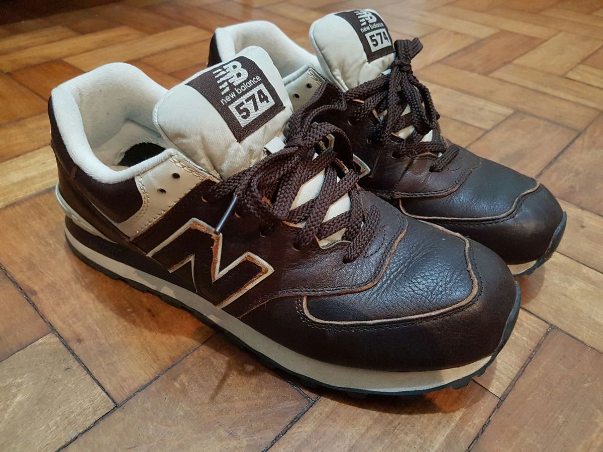 new balance 574 marrom couro