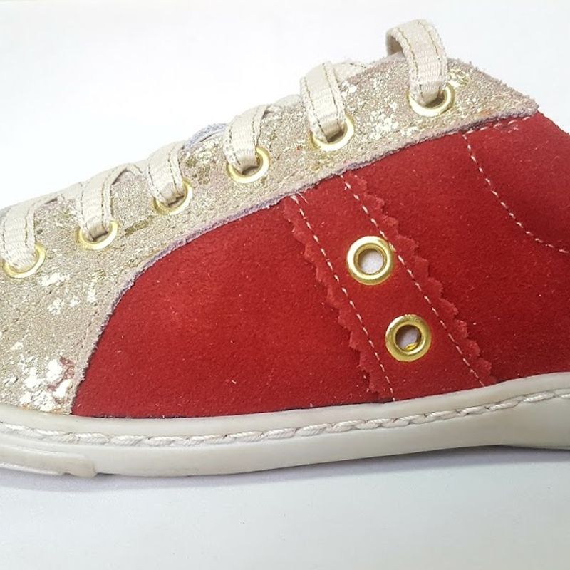 Tênis Sapatenis Casual Feminino Camurça Vermelho e Dourado