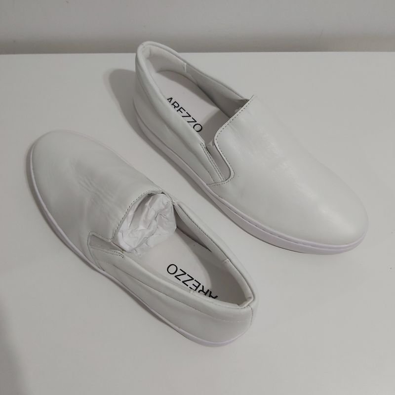 T nis Slip On Branco Couro B sico Arezzo T nis Feminino Arezzo