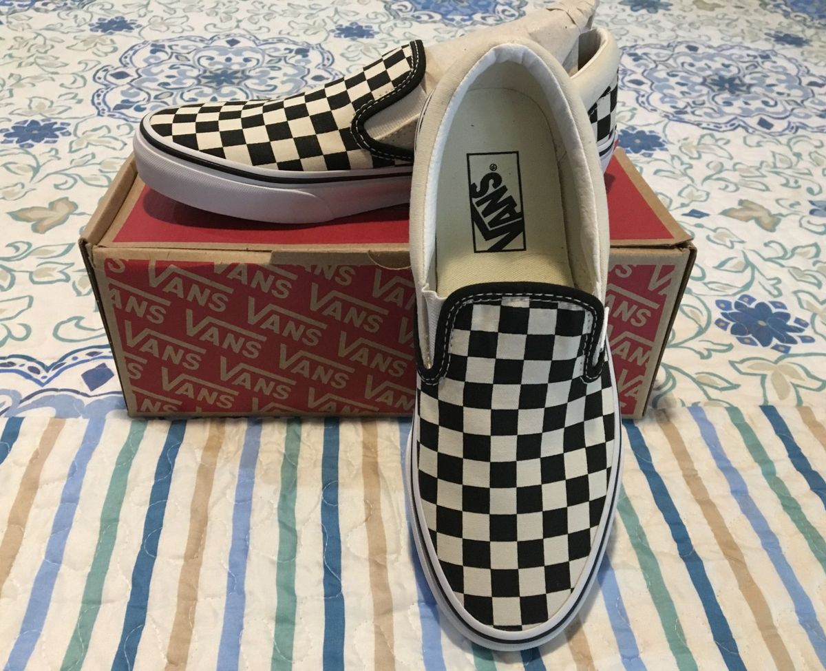 tênis vans classic slip on black white checkerboard