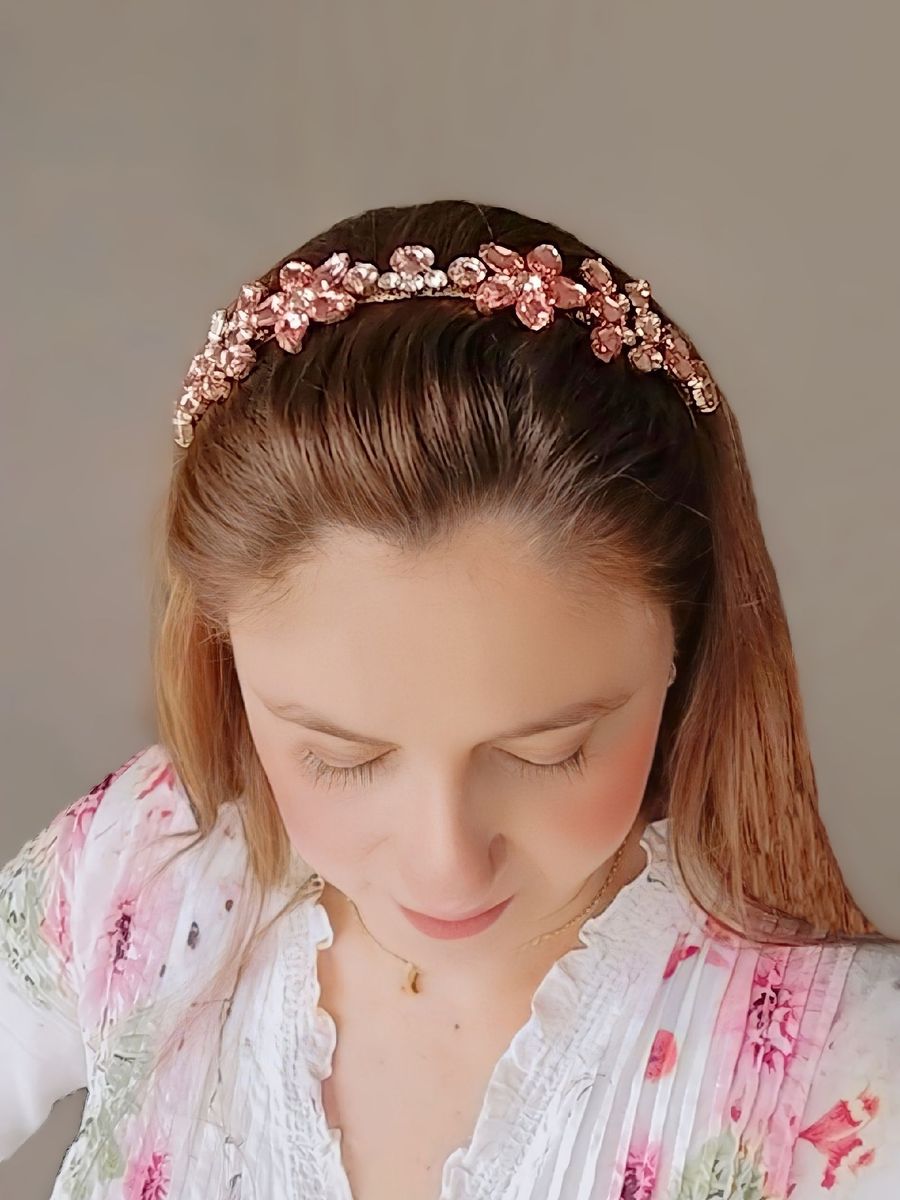 Tiara Arco de Cabelo Dourado com Pedraria Luxo Rosé Produto p