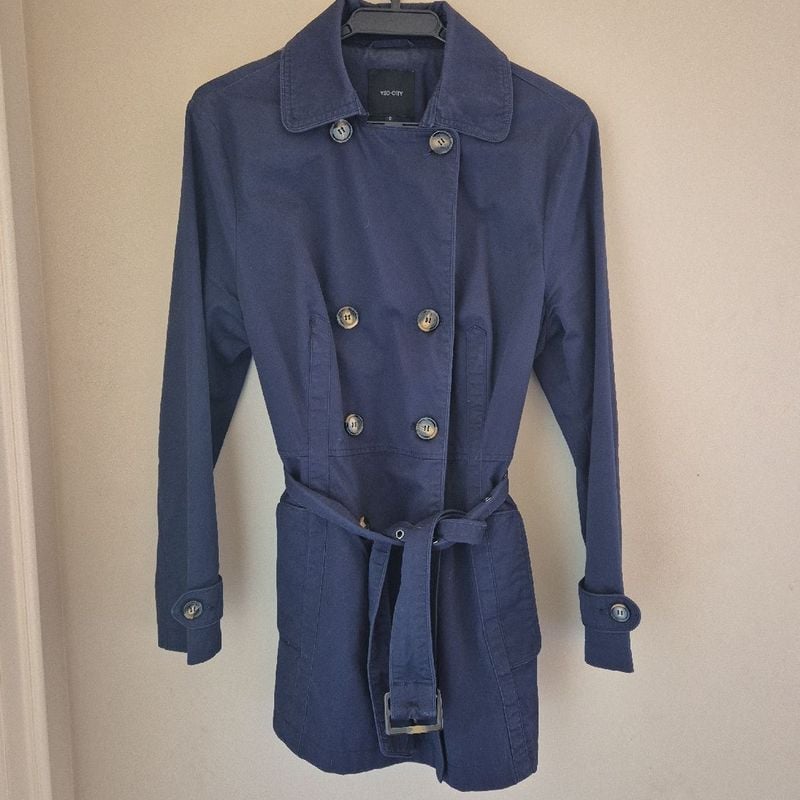 Trench Coat Feminino, Azul Marinho, Tamanho G, 80cm de Altura