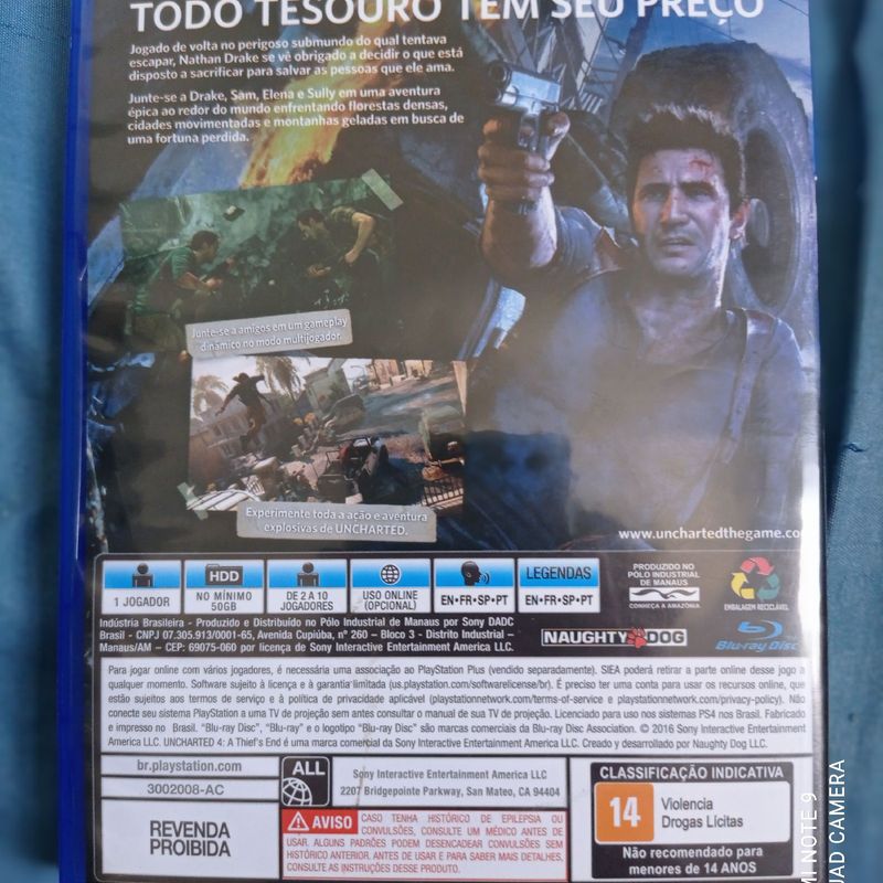 Uncharted 4 Mídia Física, Jogo de Computador Naughty Dog Usado 58512704