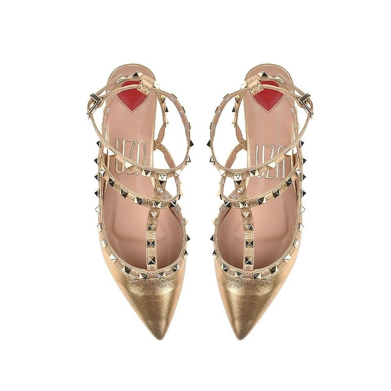 Uza Shoes Sandália Rasteira Flat Dourada com Rivets Tamanho 35
