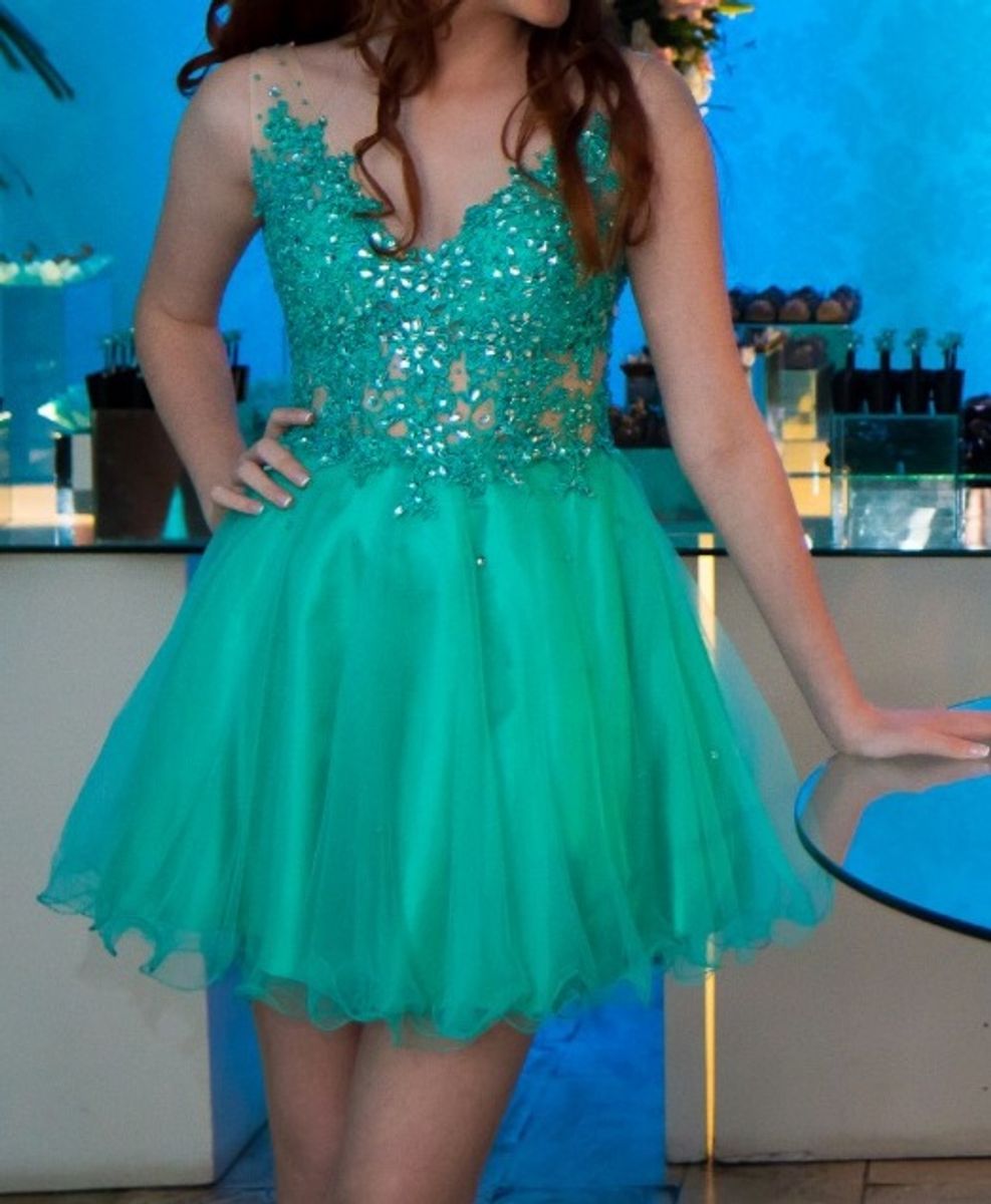 vestido curto de 15 anos azul