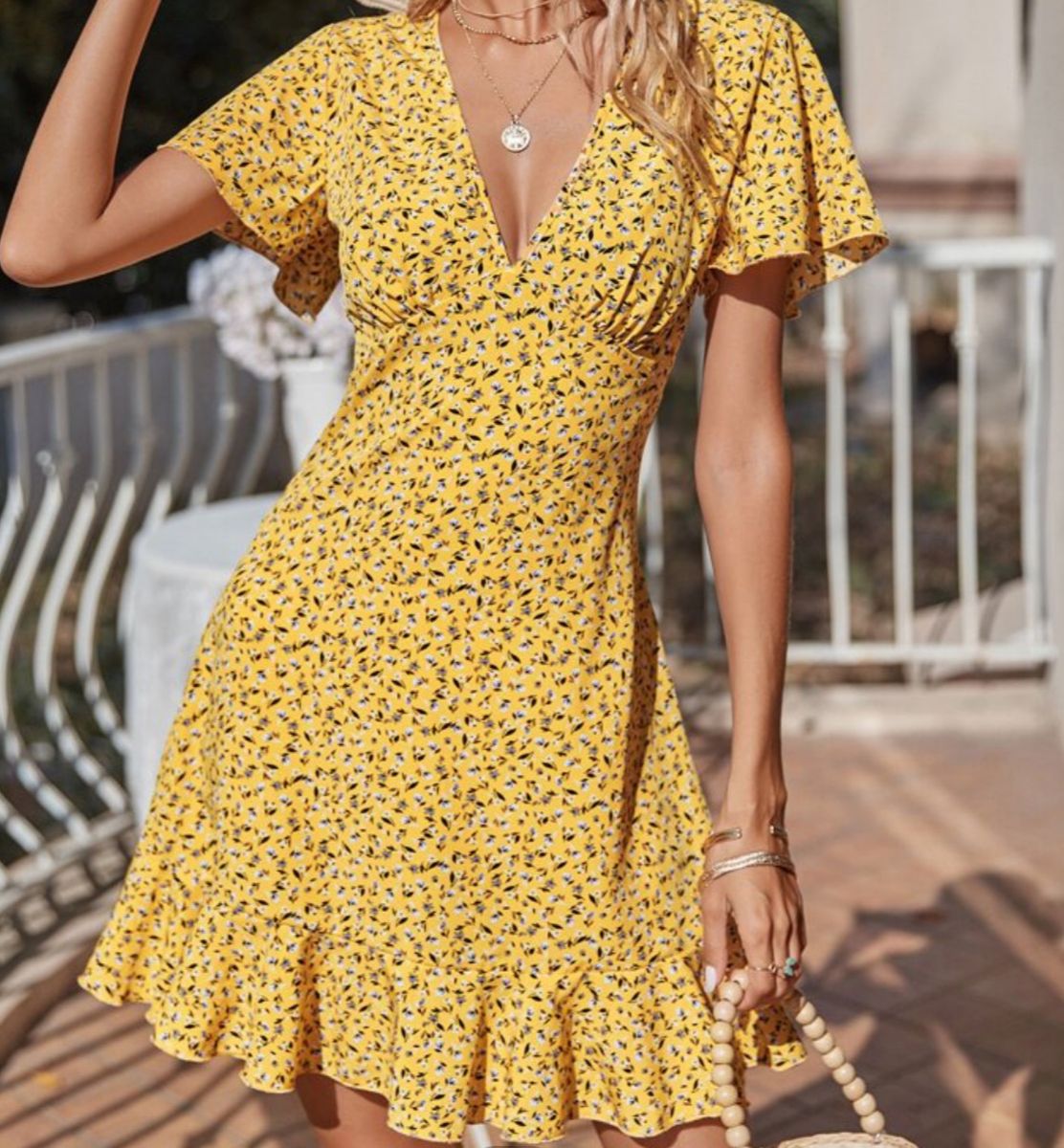 Vestido Amarelo com Flores, Vestido Feminino Shein Nunca Usado 72034033