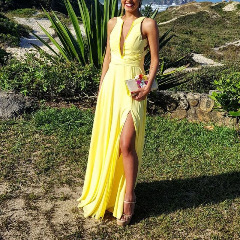 Vestido amarelo longo com 2024 fenda