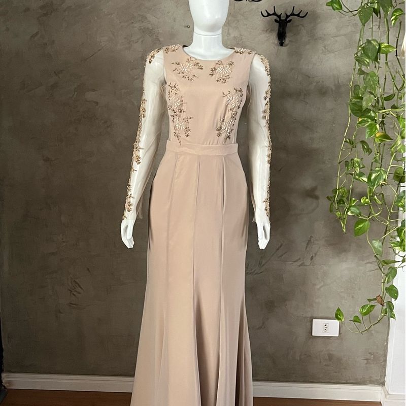 Vestido Arthur Caliman Festa Madrinha Mãe de Noiva Nude Bege