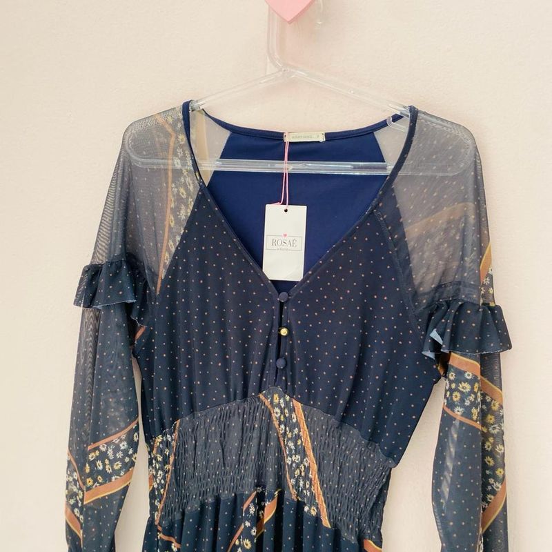 Vestido Azul Marinho com Tulê Estampado Manga Longa Renner Usado
