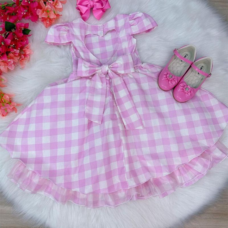 Vestido Barbie Filme Xadrez Rosa e Branco Infantil Festa