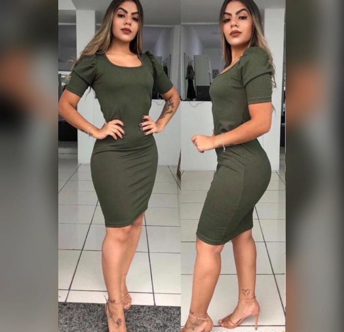 vestido canelado com manga bufante