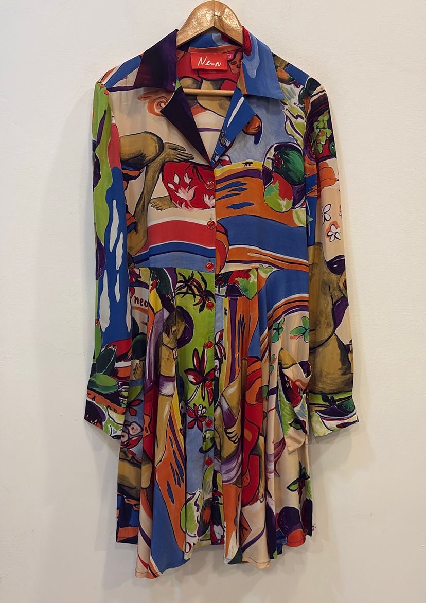 vestido chemise evasê seda pura da neon m estampa brasilidade brasil tropical - chemise neon 