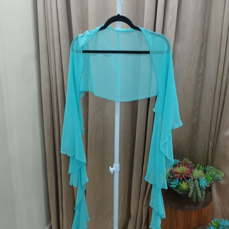 Vestido Cor Azul Tiffany, Renda Guiper com Brilhos, Mais Exarpe