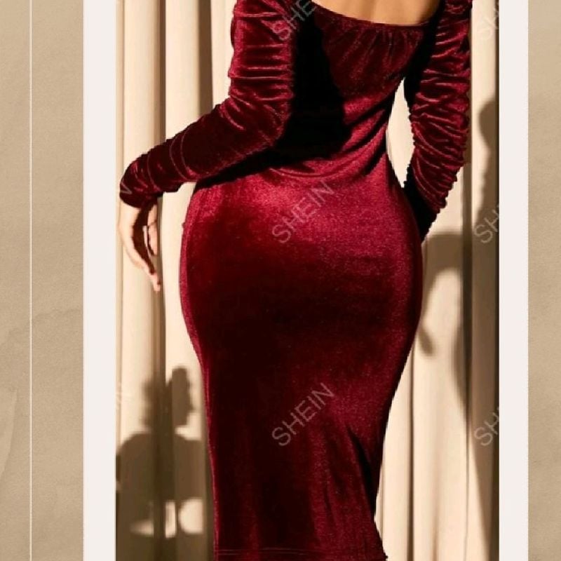 Vestido Corpete de Veludo Manga Longa Bufante Festa Cor Vinho Novo