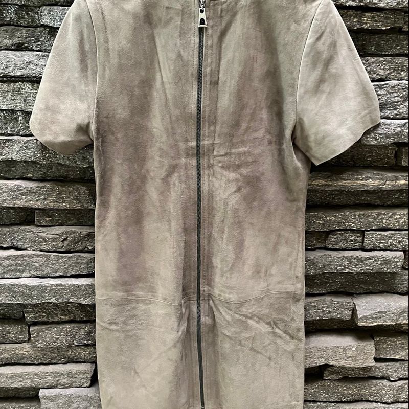 Vestido Couro Chamois Animale Cinza Esverdeado Vestido Feminino