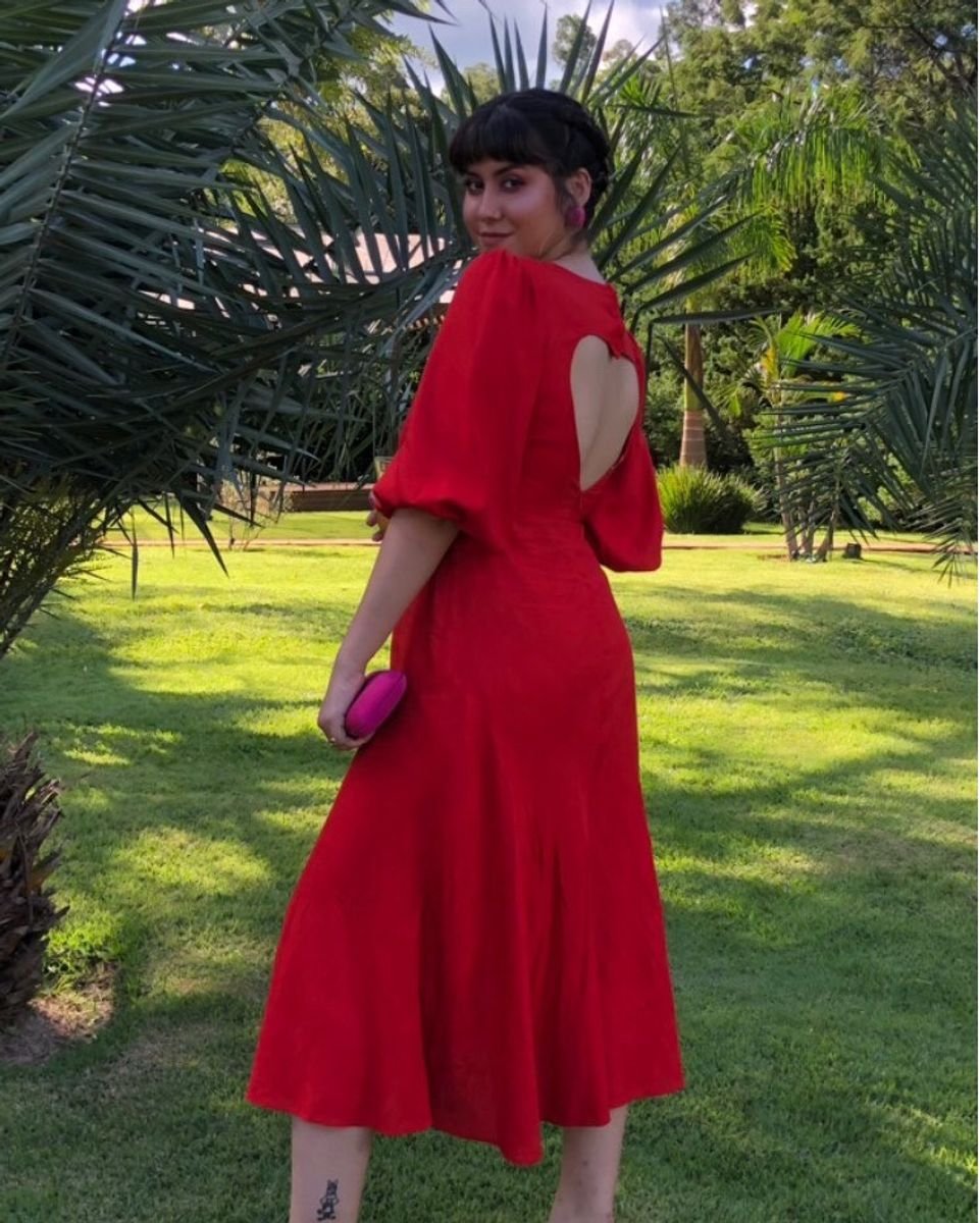 Vestido Midi Xadrez Vermelho com Decote e Mangas Bufantes - Isabel