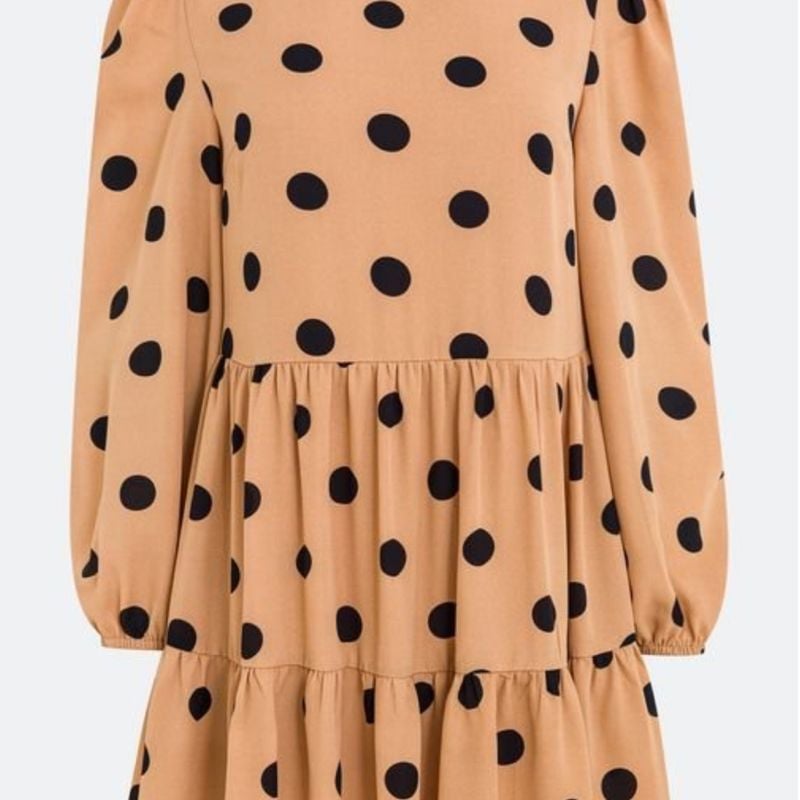 Vestido Curto em Chiffon com Manga Longa e Estampa Poá Renner