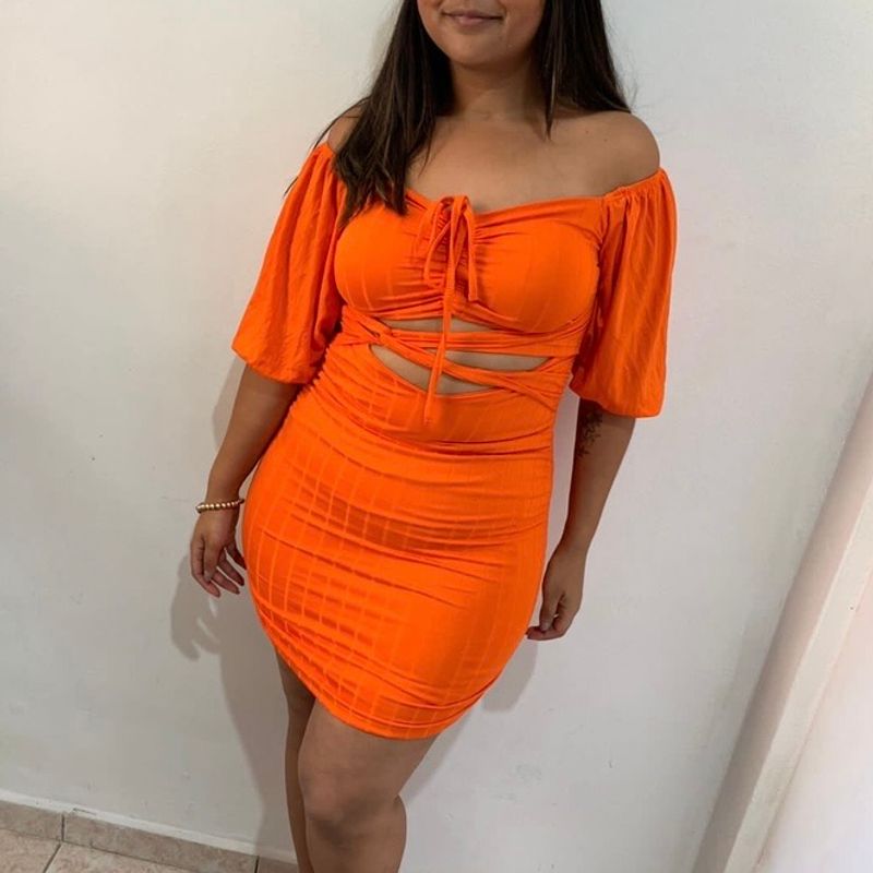 Vestido Curto Laranja Neon Roupa Feminina com Bojo Malha Novo