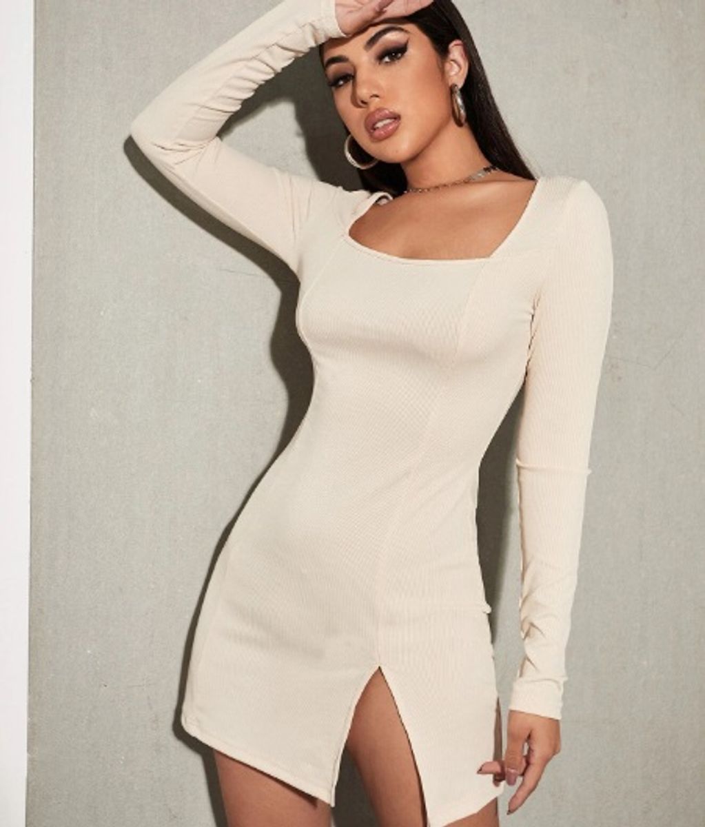 Vestido Feminino Bodycon Com Decote Quadrado De Manga Compri