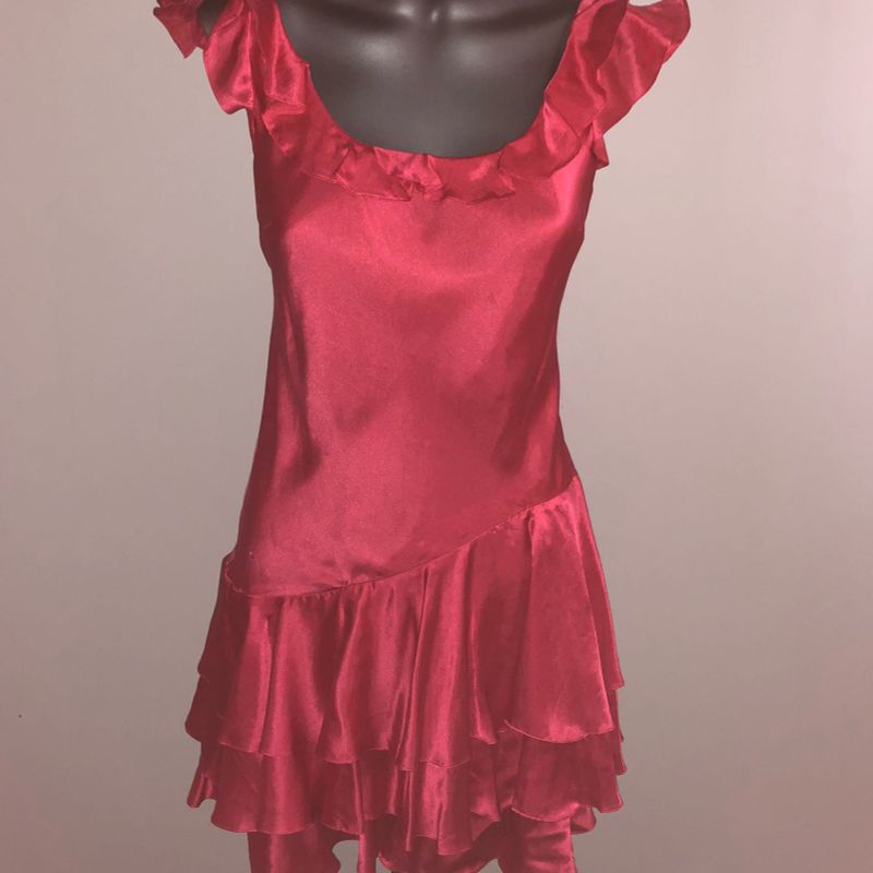 Vestido Curto Vermelho com Babados em Seda Pura Vestido Feminino