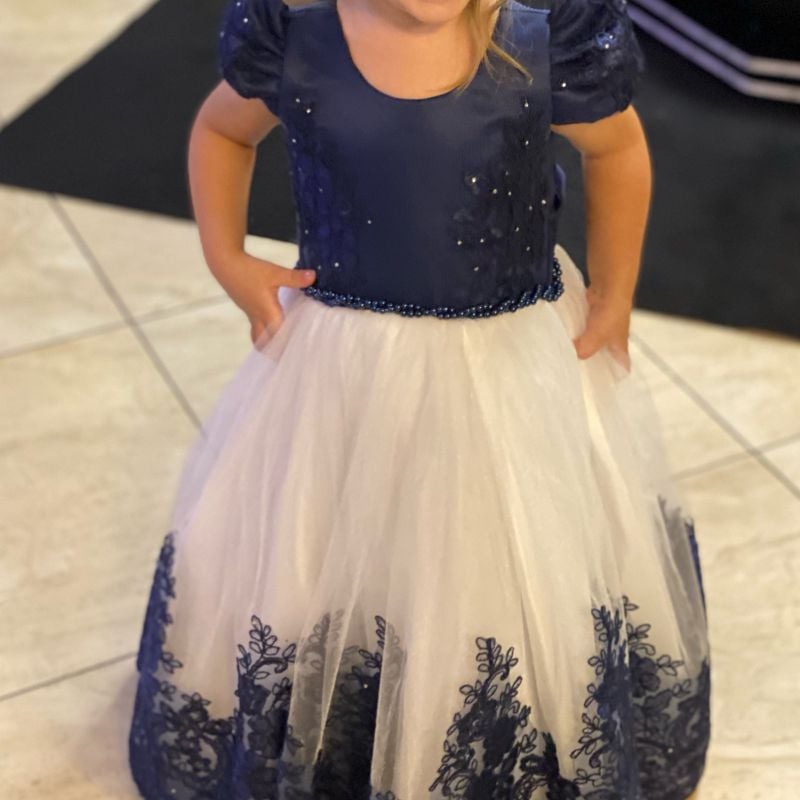 Vestido Infantil Dama Honra Azul Royal Casamento Renda