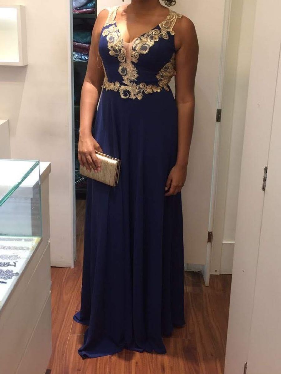 vestido de festa azul com dourado