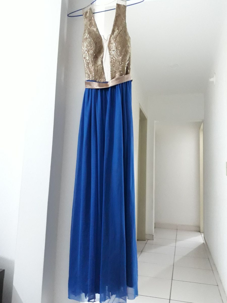 vestido de festa azul com dourado