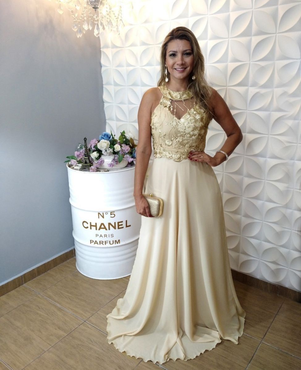 Vestido de Festa Bege/Dourado Madrinha, Formatura, Casamento