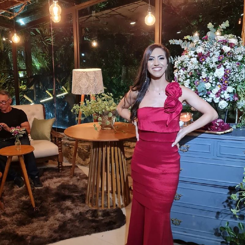 Vestido de Festa Longo Vermelho Drapeado Flores Um Ombro Tvz Tvz