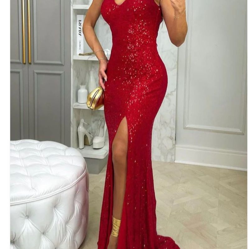 Vestido longo best sale vermelho com brilho