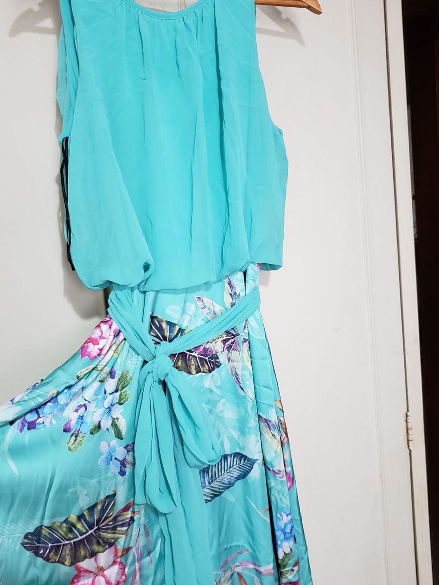 vestido longo verde agua estampado