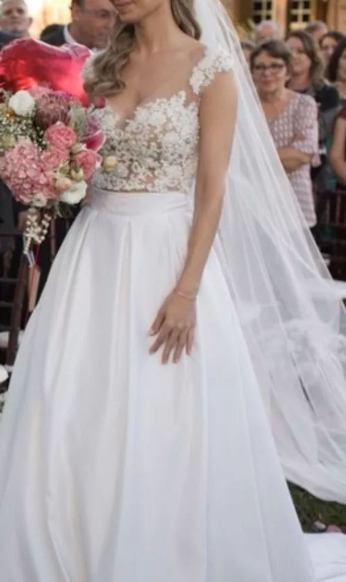 cropped de renda com saia longa para casamento