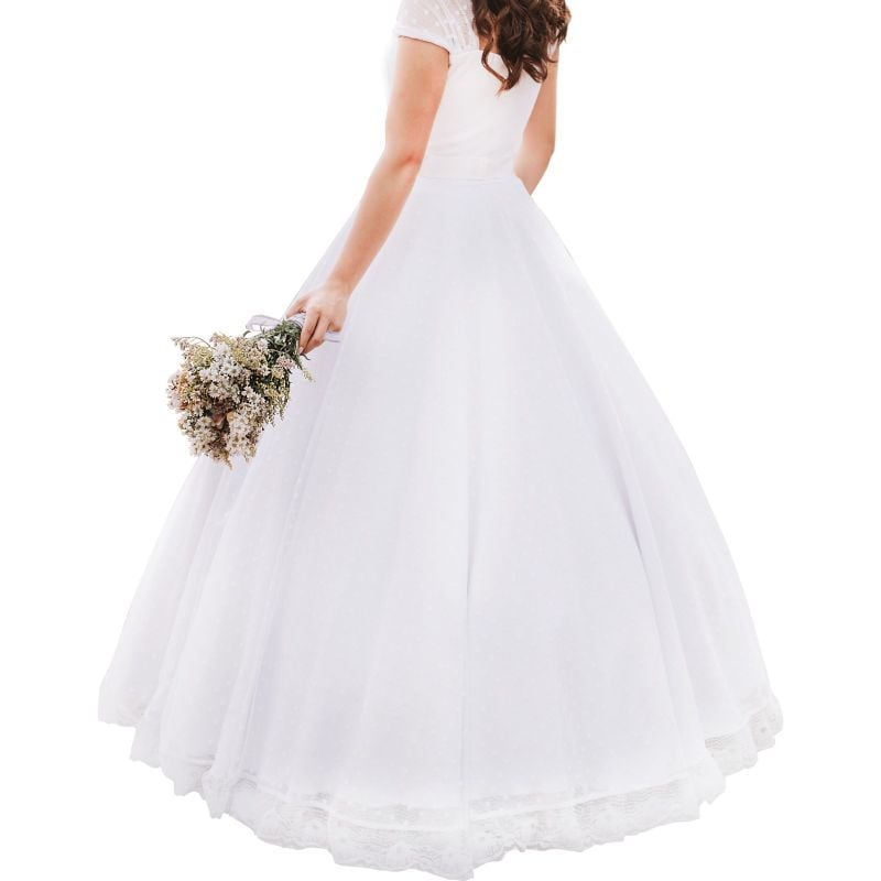 Vestido de Noiva Princesa Manga Curta Tecido de Tule com Poá