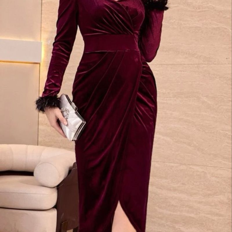 Vestido Midi Vestido De Manga Longa De Veludo Vestido De Veludo