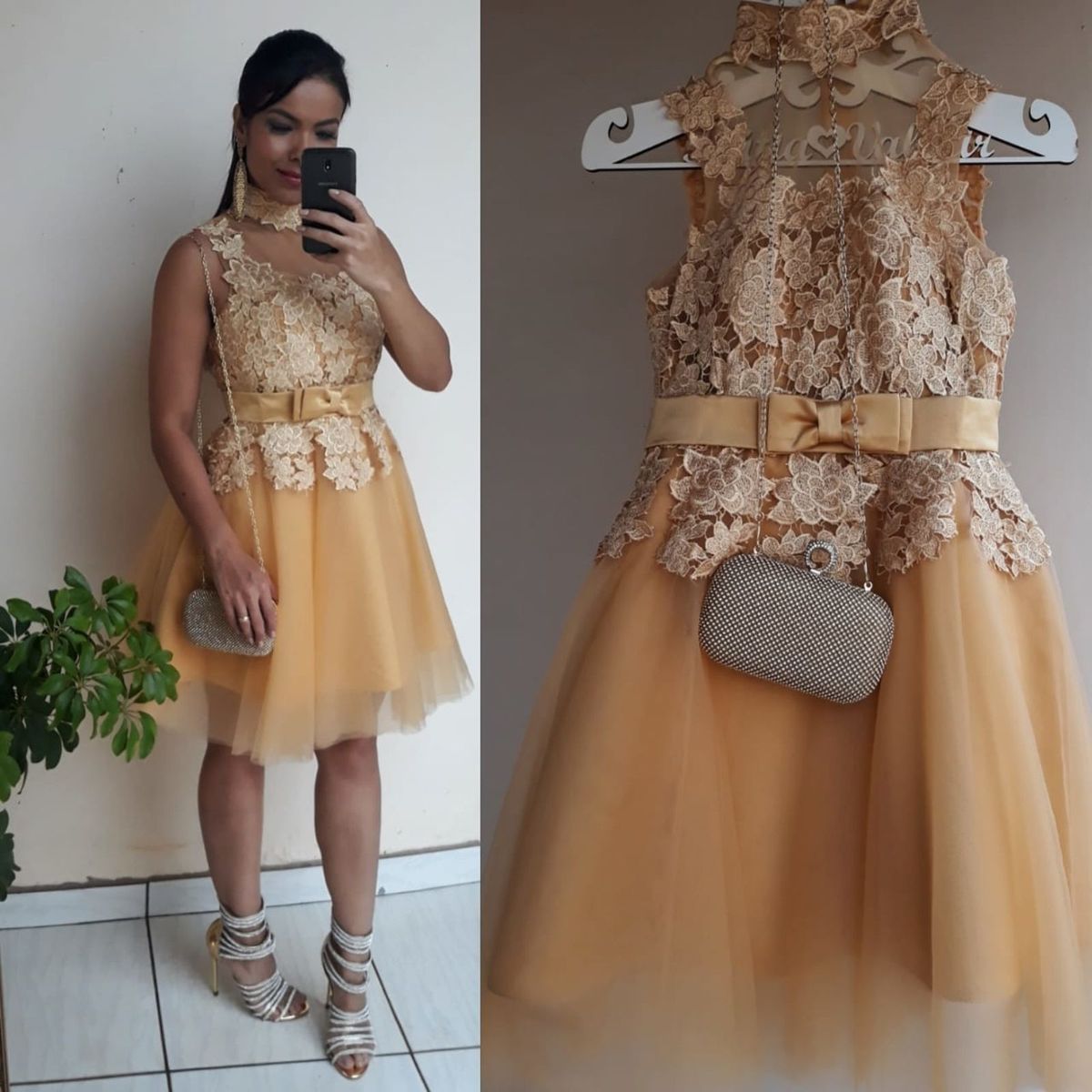 vestido dourado de renda