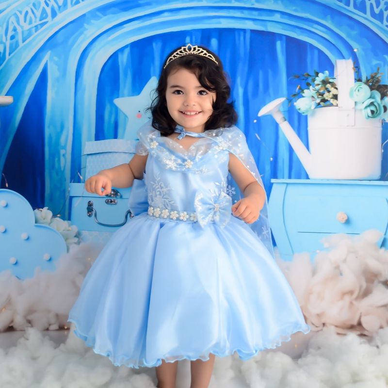 Vestido Infantil Frozen Azul C/ Cinto Pérolas Luxo Princesas