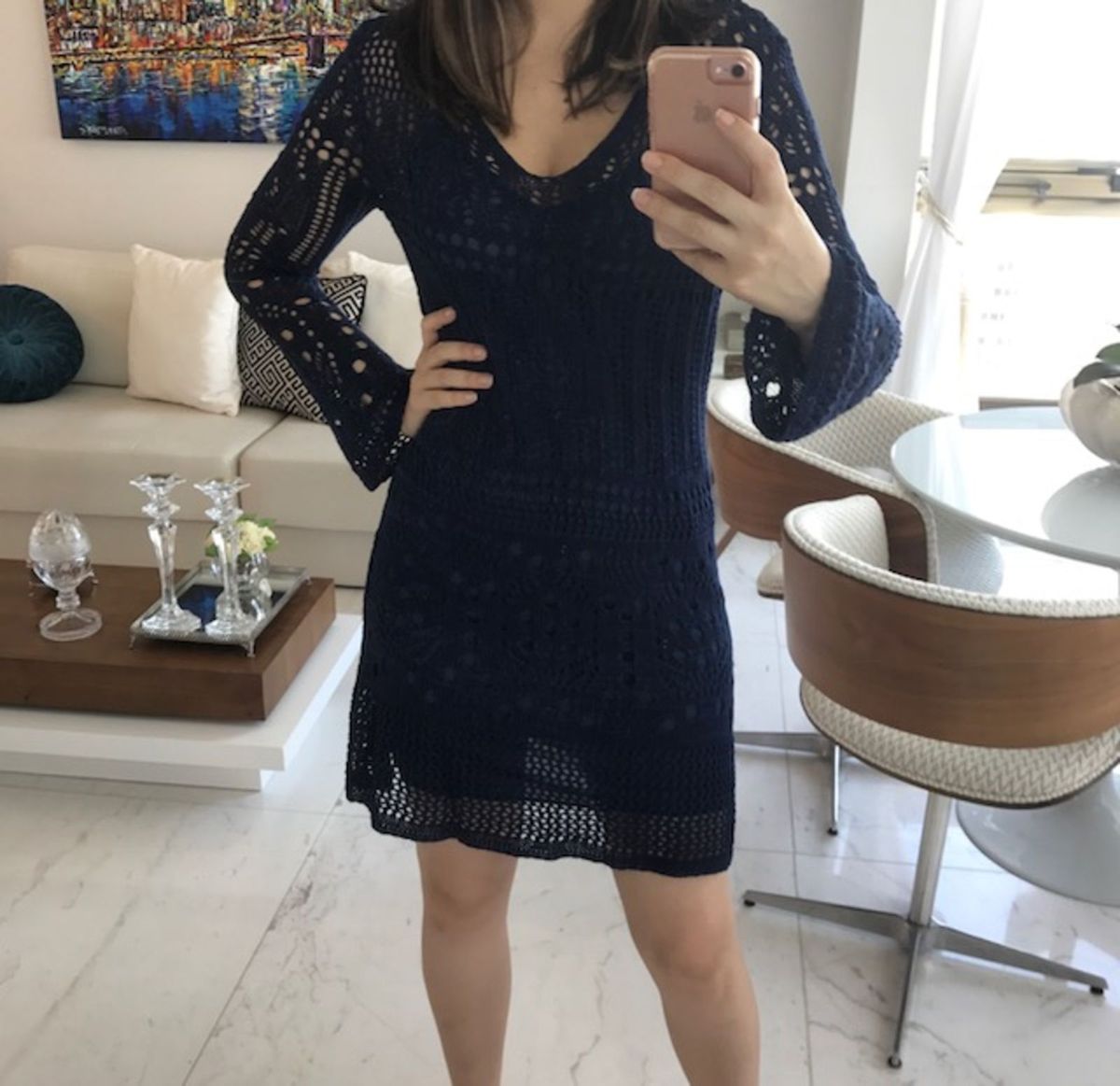 vestido de croche azul marinho