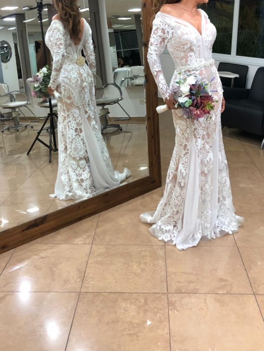 vestido de noiva nude com renda