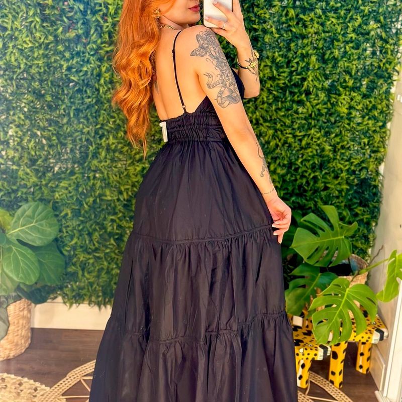 Vestido Farm Longo Franzido Alcinhas Preto P Farm Nunca Usado