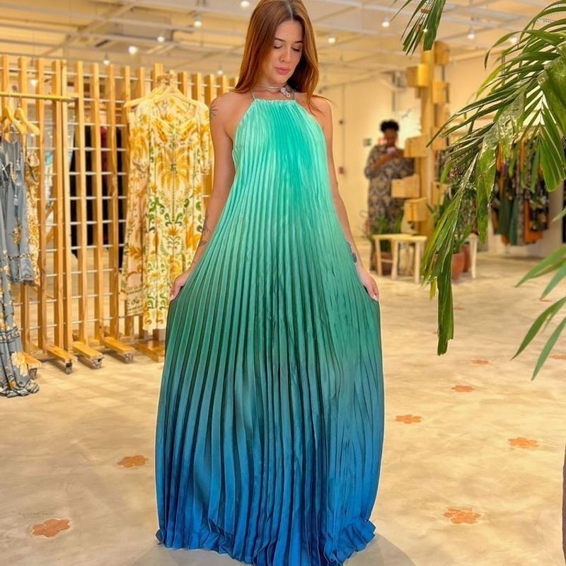 Vestido Farm Longo Plissado Degrade Verde Azul Grumari P Farm