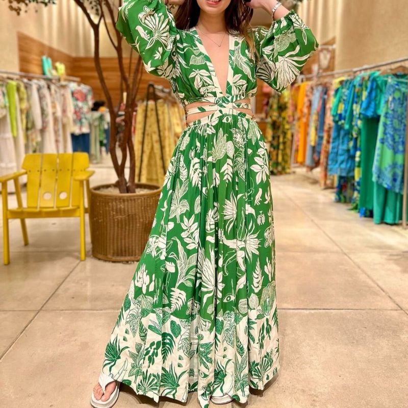 Vestido Farm Longo Verde Branco com Flores Manga Bufante Vestido Feminino  Farm Usado 107224986 enjoei