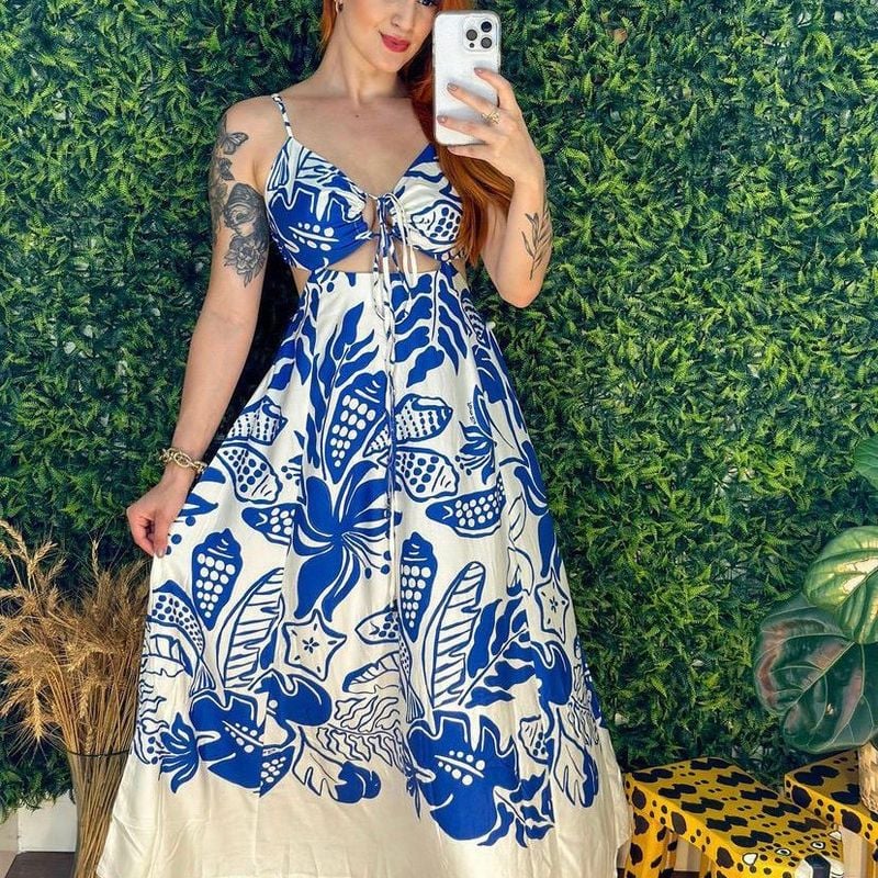 Vestido longo store azul e branco