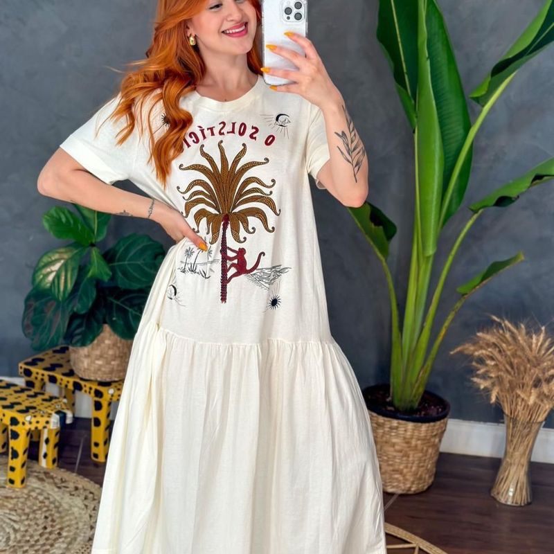 Vestido Farm T-Shirt Longo Estampado O Solstcio P | Farm Nunca Usado  93989635 | enjoei