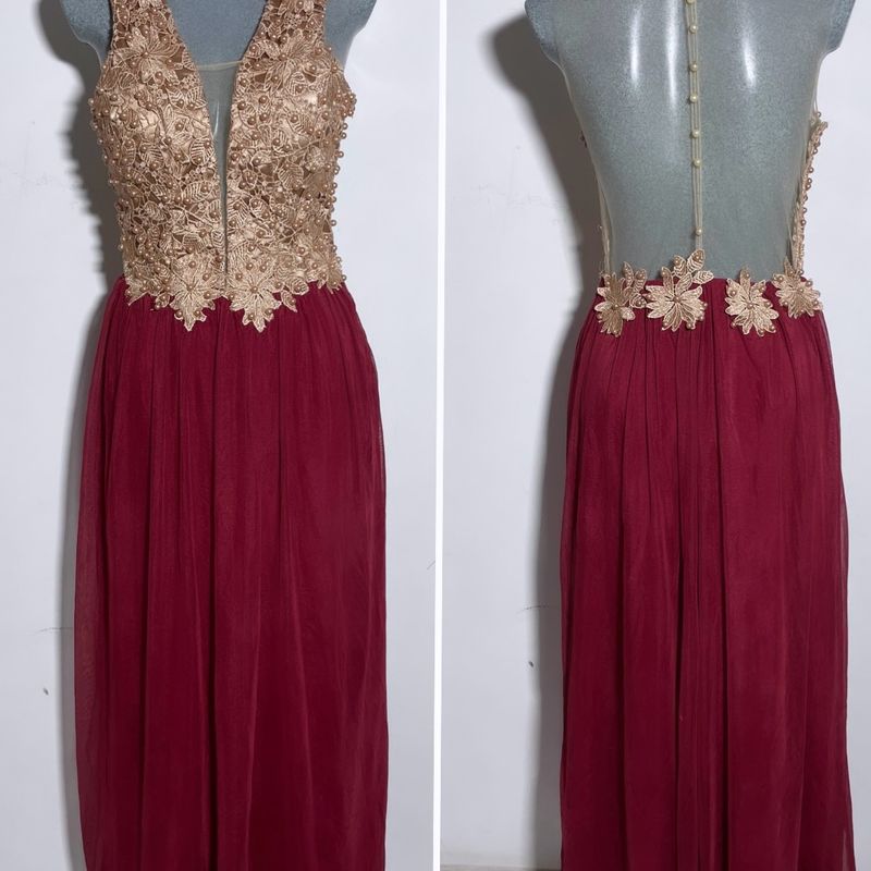 chiffon vestido vermelho com renda dourada