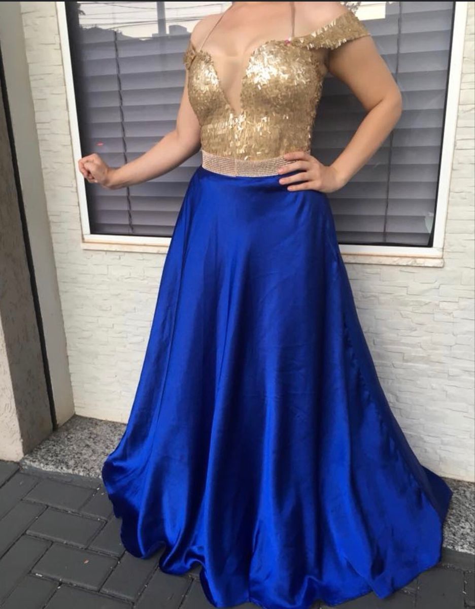 vestido de festa azul com dourado