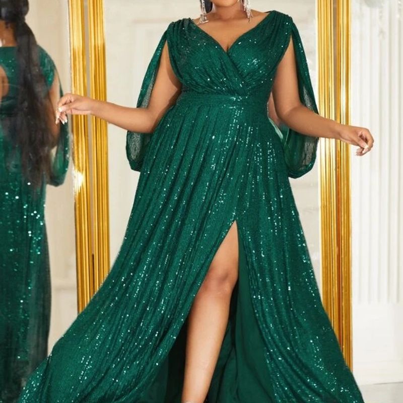 Vestido Festa/Gala Plus Size Paête Verde Madrinha Formatura