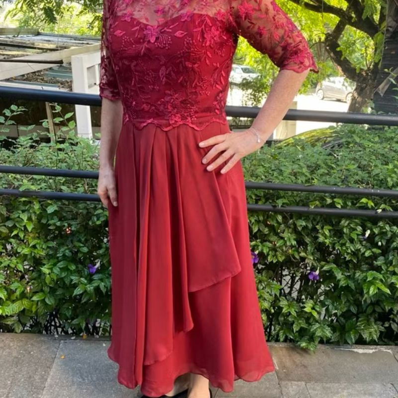 Vestido Festa Longo Renda, Crepe Musseline e Voil Borgonha