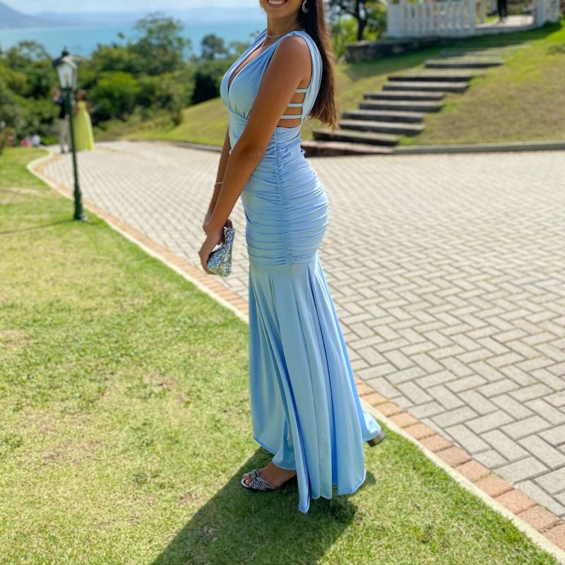 Vestido azul claro longo para madrinha de sales casamento