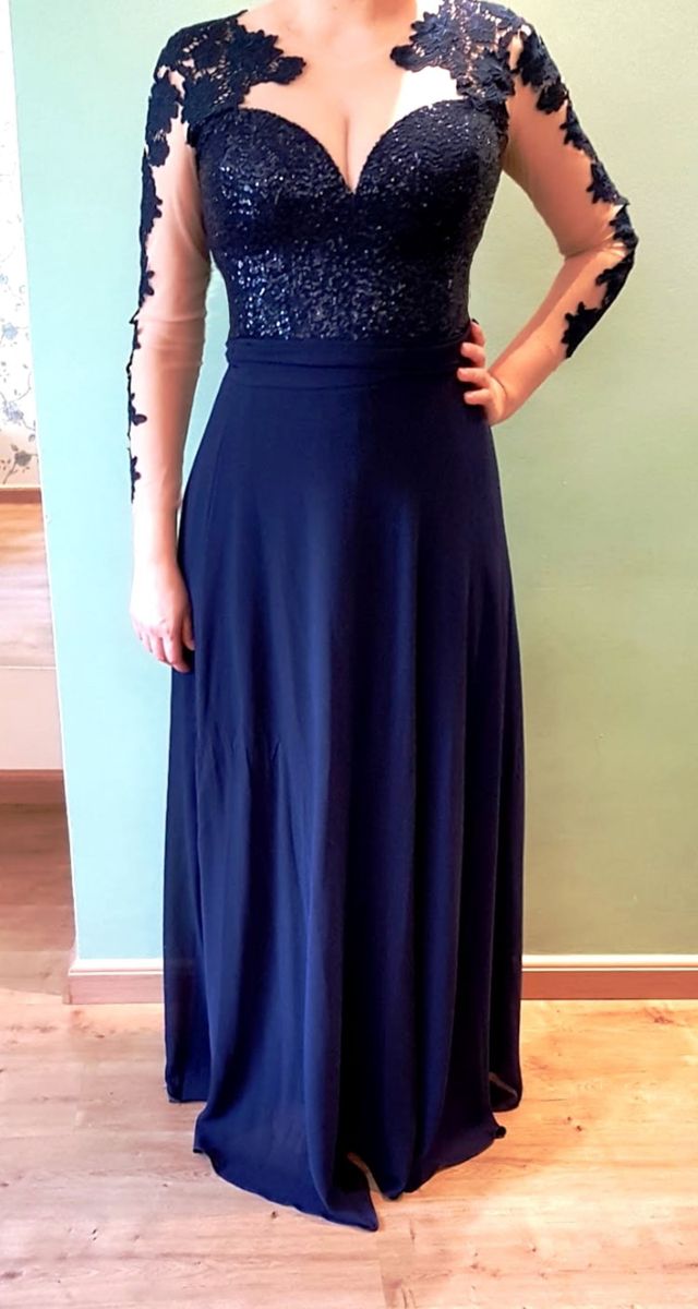 vestido de renda manga longa azul marinho